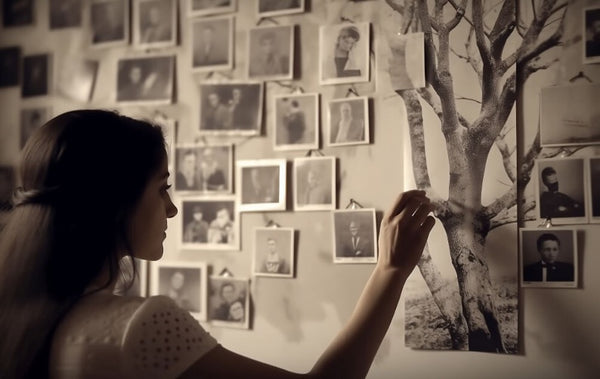 Woman reflecting and reviewing tree of life wall urns