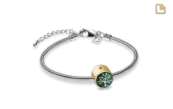 LoveUrns Tree of Life Cremation Bead displayed on 925 sterling silver bracelet