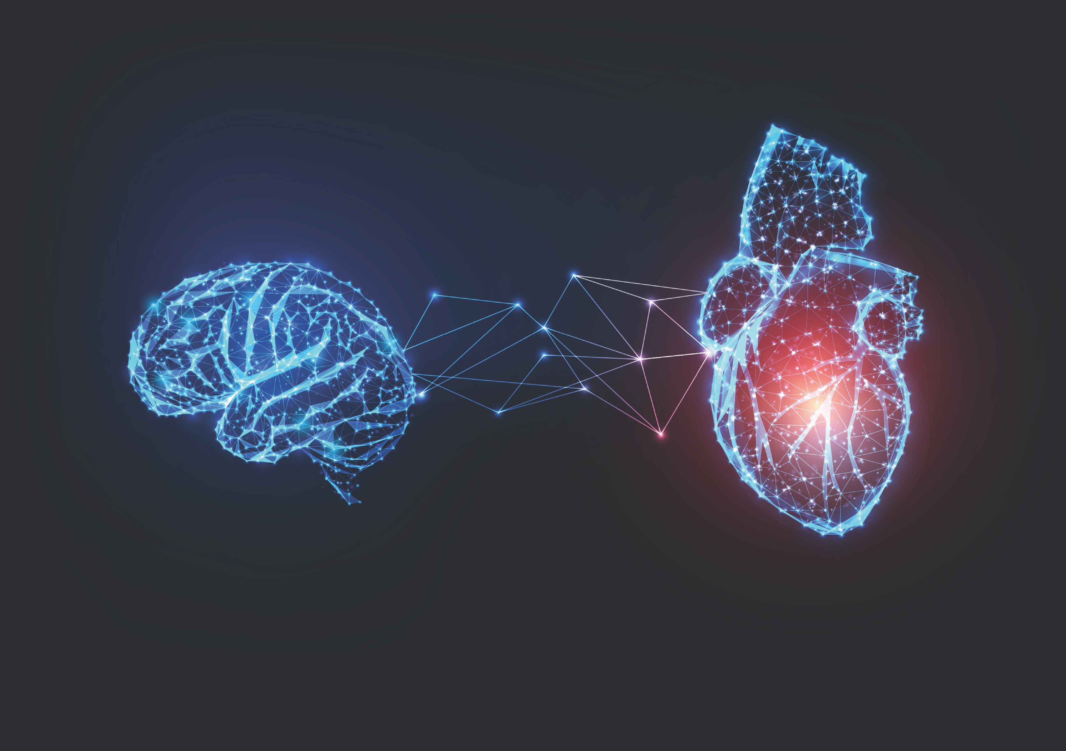 Futuristic glowing low polygonal connected human organs brain and heart on dark blue background. Emotions and intellect balance and harmony concept. Modern wire frame design vector illustration.