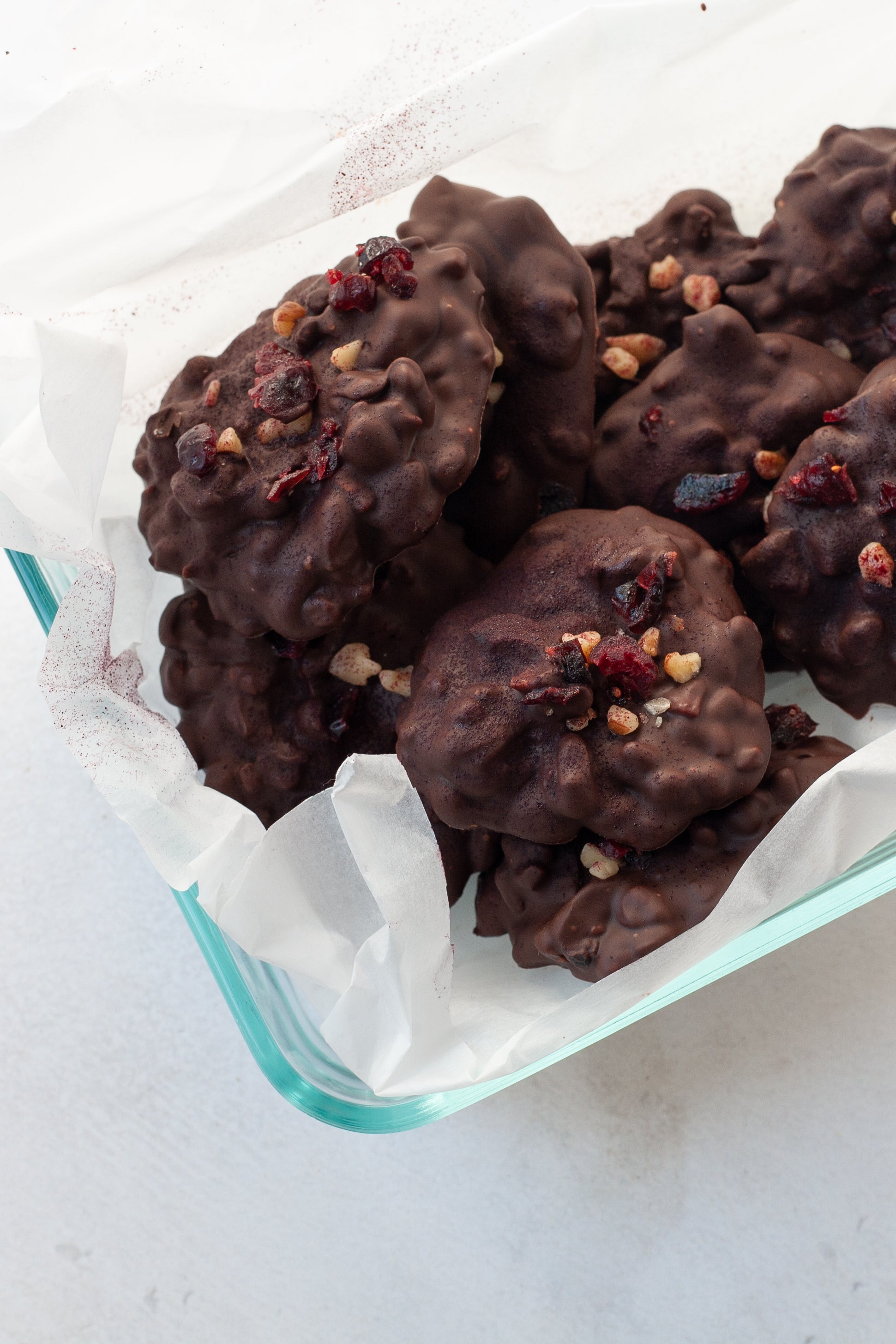 Dark Chocolate Cherry Clusters in a glass tray