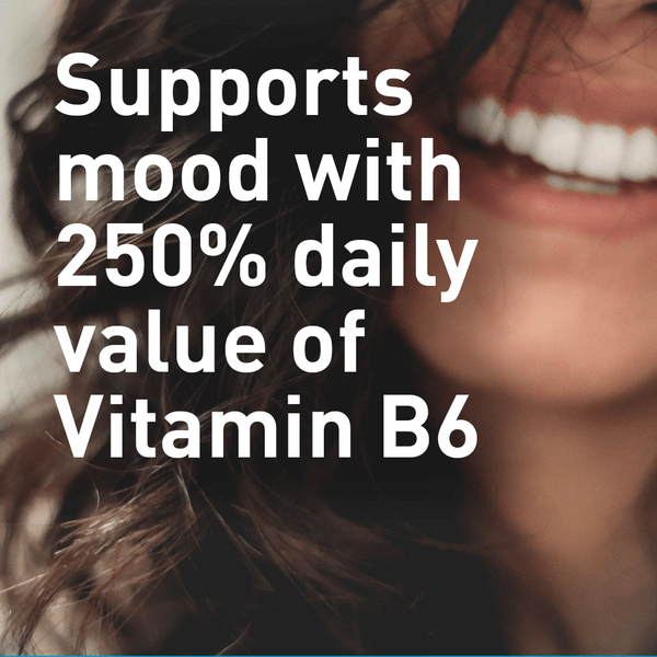 Woman smiling, showing supports mood with 250% daily value of Vitamin B6