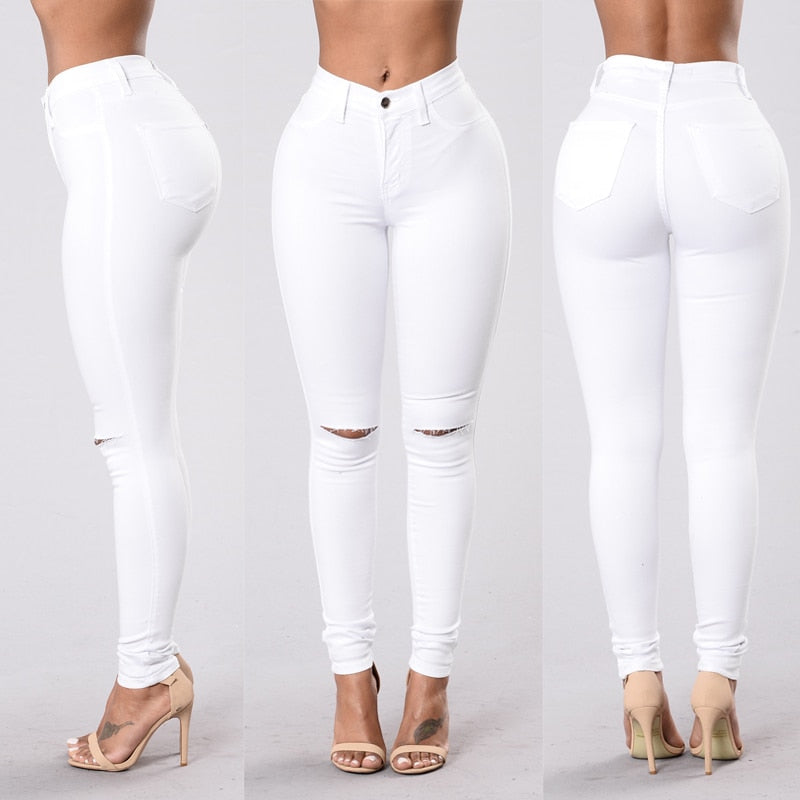 High Waist White Skinny Jeans Women Slim Ripped Denim Jeans – Loving ...