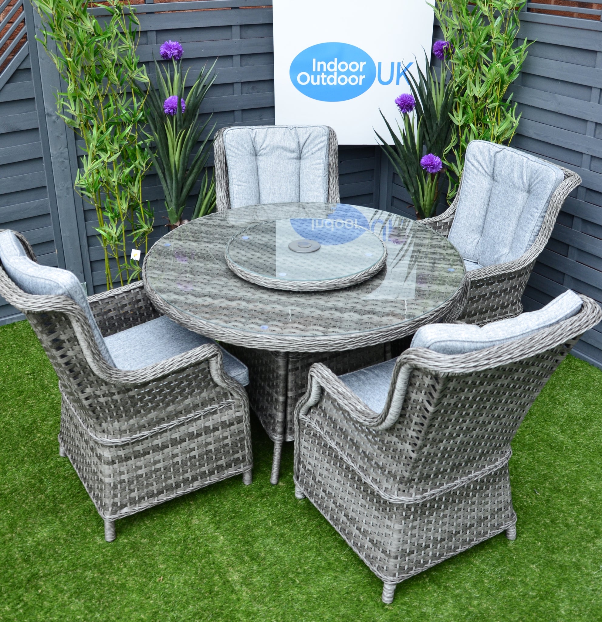 Hatherton Round Glass Top Rattan Dining Set 4 or 6 Seater- In Grey or