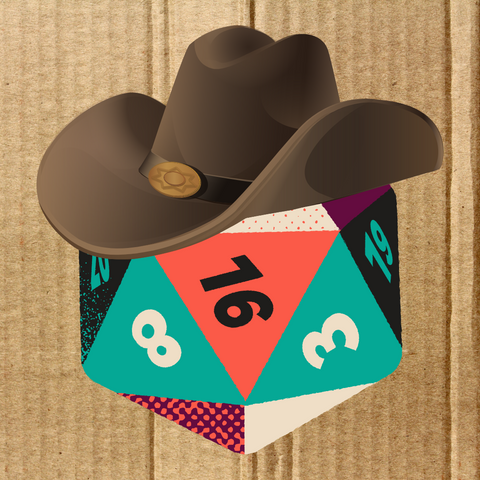 A D20 DND dice wearing a cowboy hat in front of a cardboard box because Libris Arcana moved to Texas.