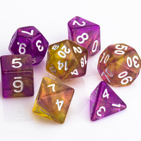 Purple and yellow dice set on a white background