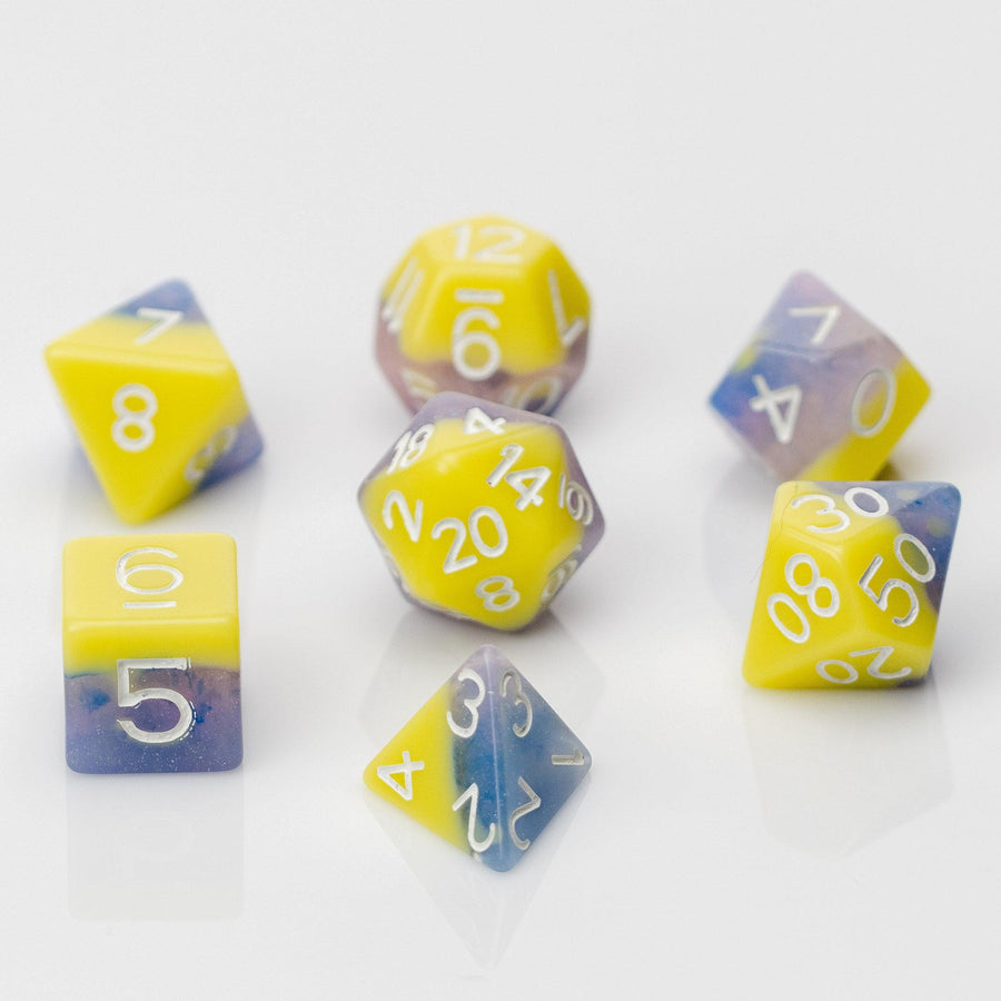Cottton Candy, mulitcolored resin RPG dice 7 piece set.