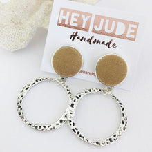 Load image into Gallery viewer, Silver Hoop Earrings-Antique Silver Stud Dangles-Sand Linen-Fabric Feature-Irregular Hammered Hoops-Hey Jude Handmade