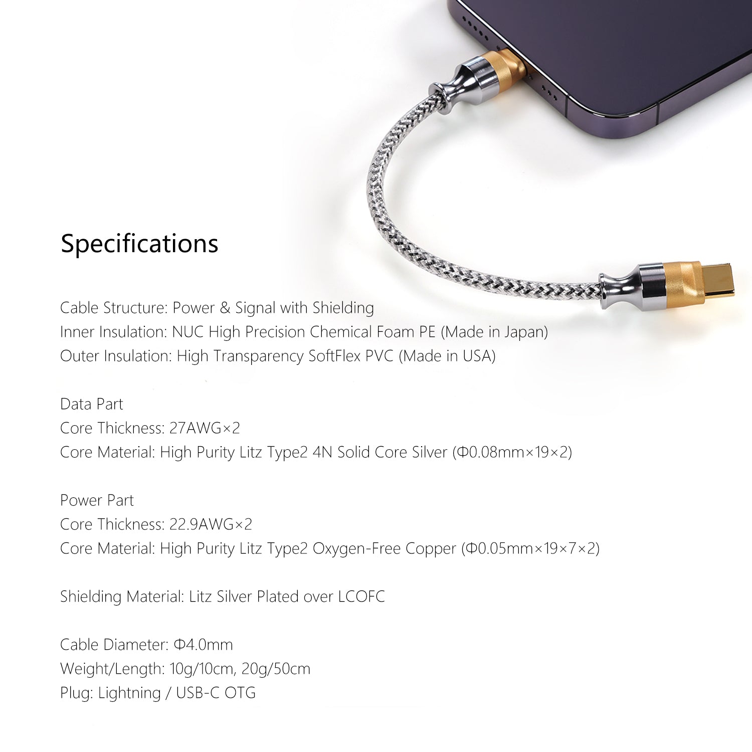 MFi09S Lightning to USB-C OTG Cable (10cm / 50cm) - ddHiFi