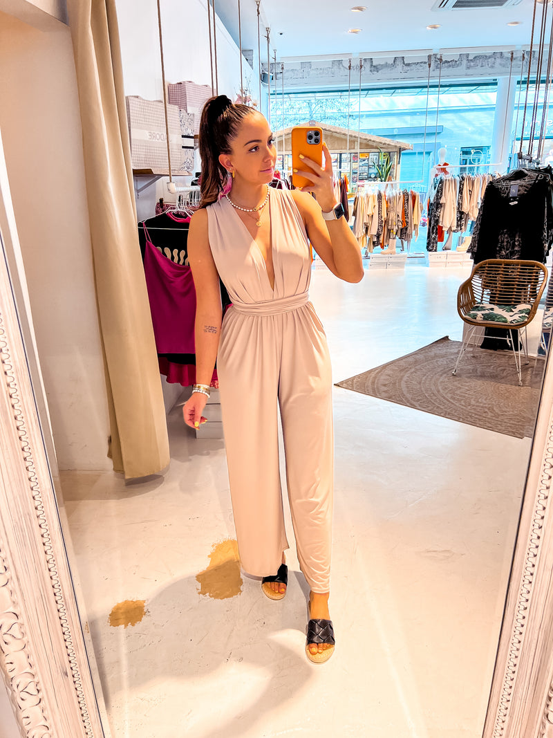 Reya Ruffle Wide Leg Jumpsuit / Beige - Hello My Love