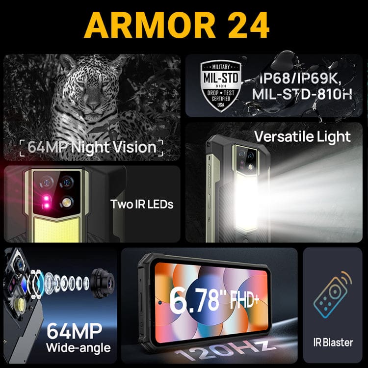 Ulefone Armor 24, 22000mAh Battery 24GB+256GB 6.78'' Display 64MP+64MP  Night Vision Camera Versatile Lighting Android 13 NFC 120Hz Unlocked Dual  4G