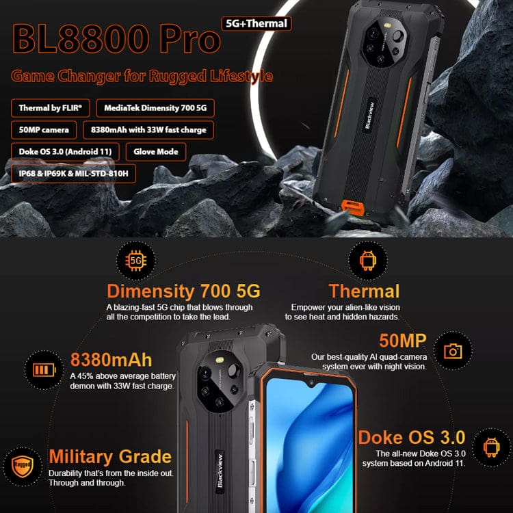 Blackview BL8800 33W Fast Charge 5G Infrared Camera Ruggedized Smartphone -  ORANGE / 8GB+128GB