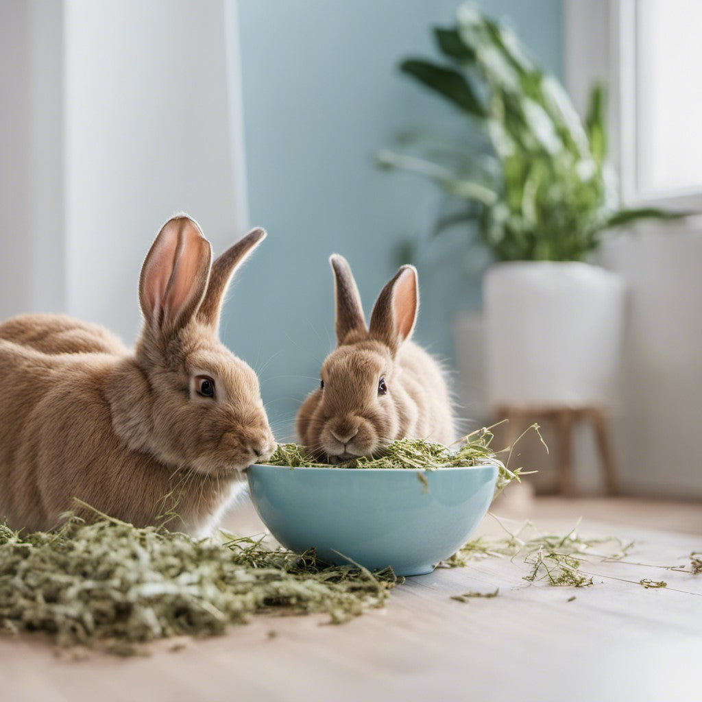 Two bunnies enjoying Timothy hay , hay for rabbits, alfafa hay