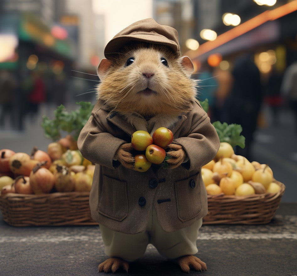 a guinea pig selling fruit