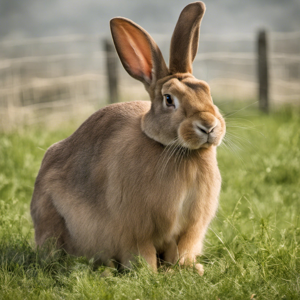 An Flemish Giant in a meadow. This giant bunny eats about 4 times the amount of regular rabbits