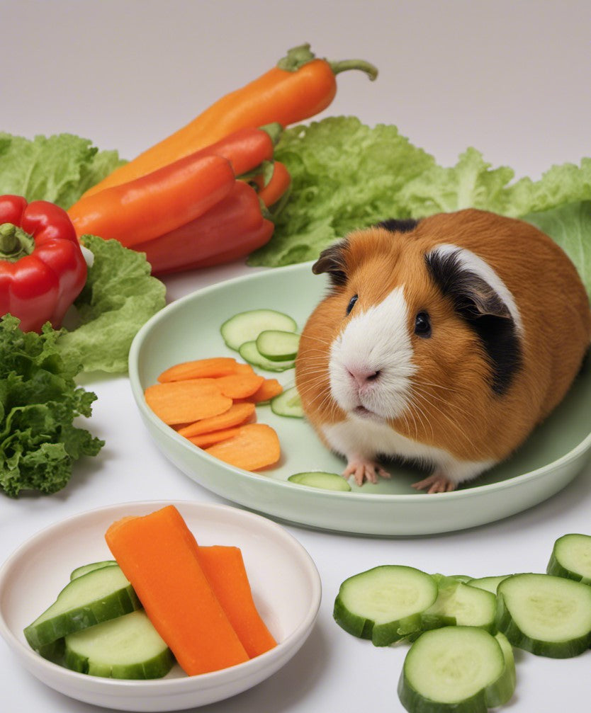 Guinea pig on a plate with carrots, cucumber, bell peppers, and lettuce