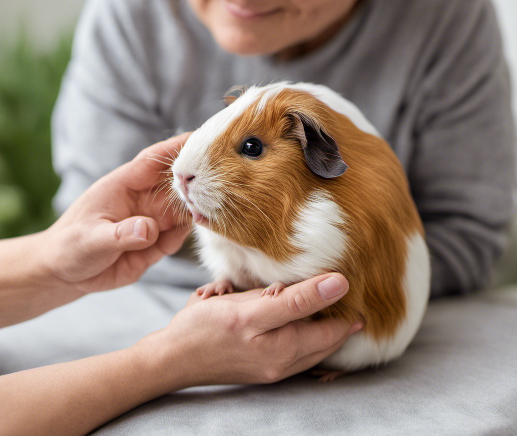 A guinie pig being physically examined by its owner