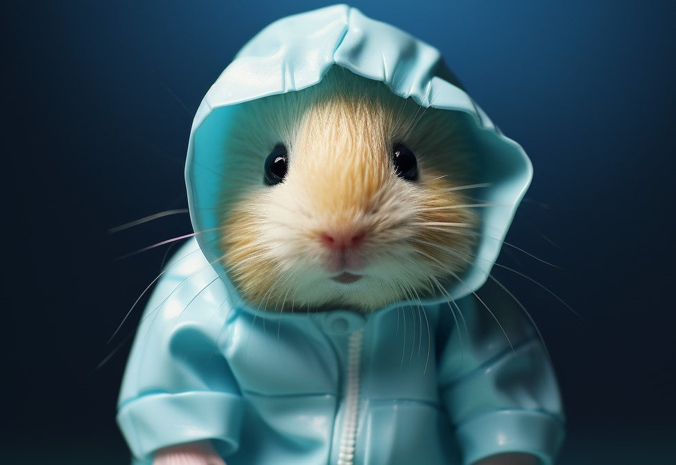 baby guinea pig, baby human, guinea pig in a raincoat