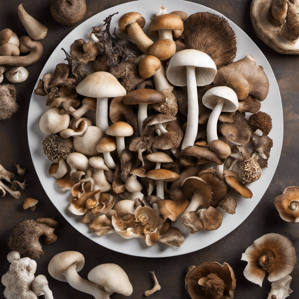An array of edible mushrooms, including shiitake mushrooms, maitake mushrooms, cremini mushrooms, portobello mushrooms, lion's mane mushrooms, enoki mushrooms, chaga mushrooms, porcini mushrooms, morel mushrooms, chanterelle mushrooms, white mushrooms, beech mushrooms, king trumpet mushrooms, black trumpet mushrooms, and truffle mushrooms.