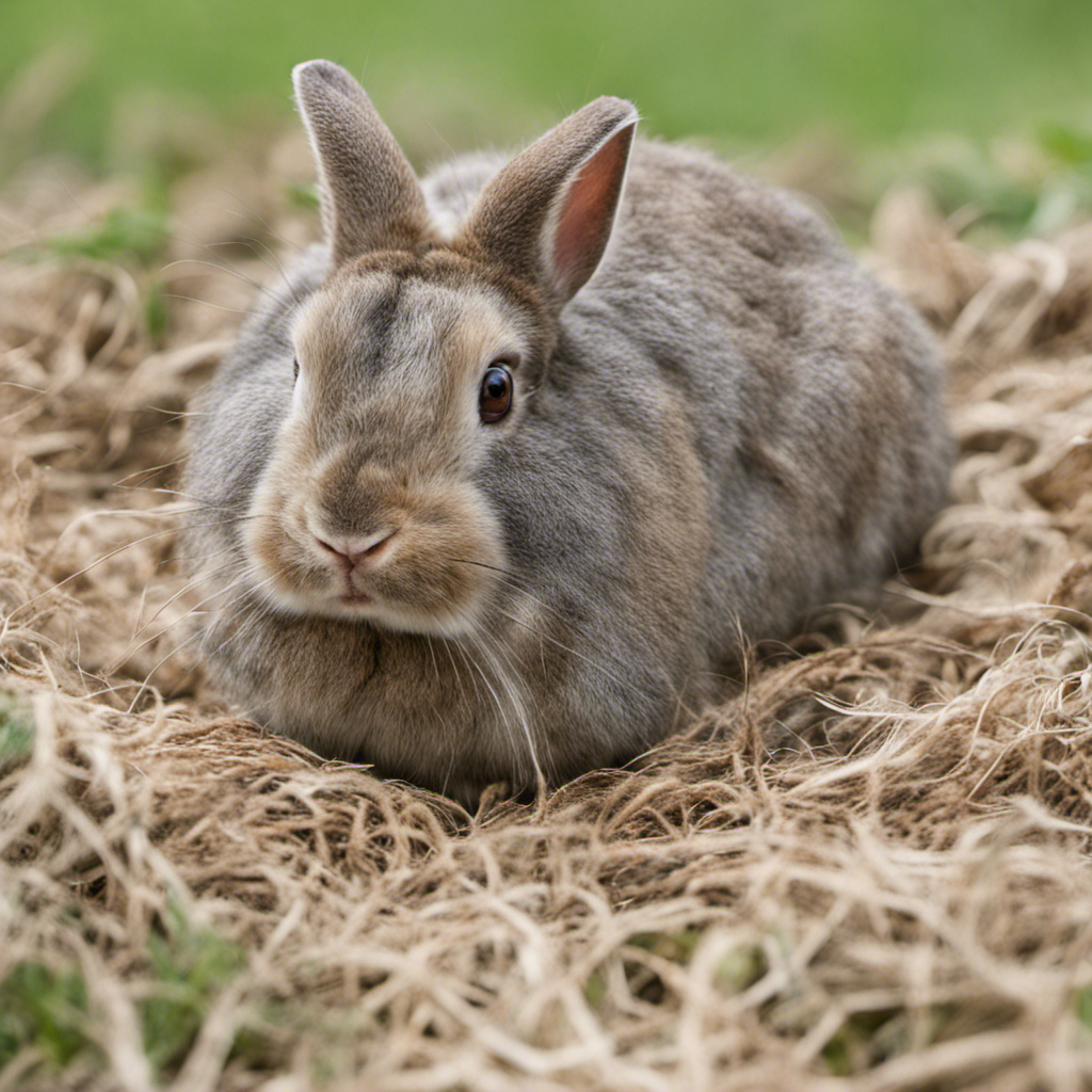 A rabbit sits alone on some hay, avoiding myxomatosis