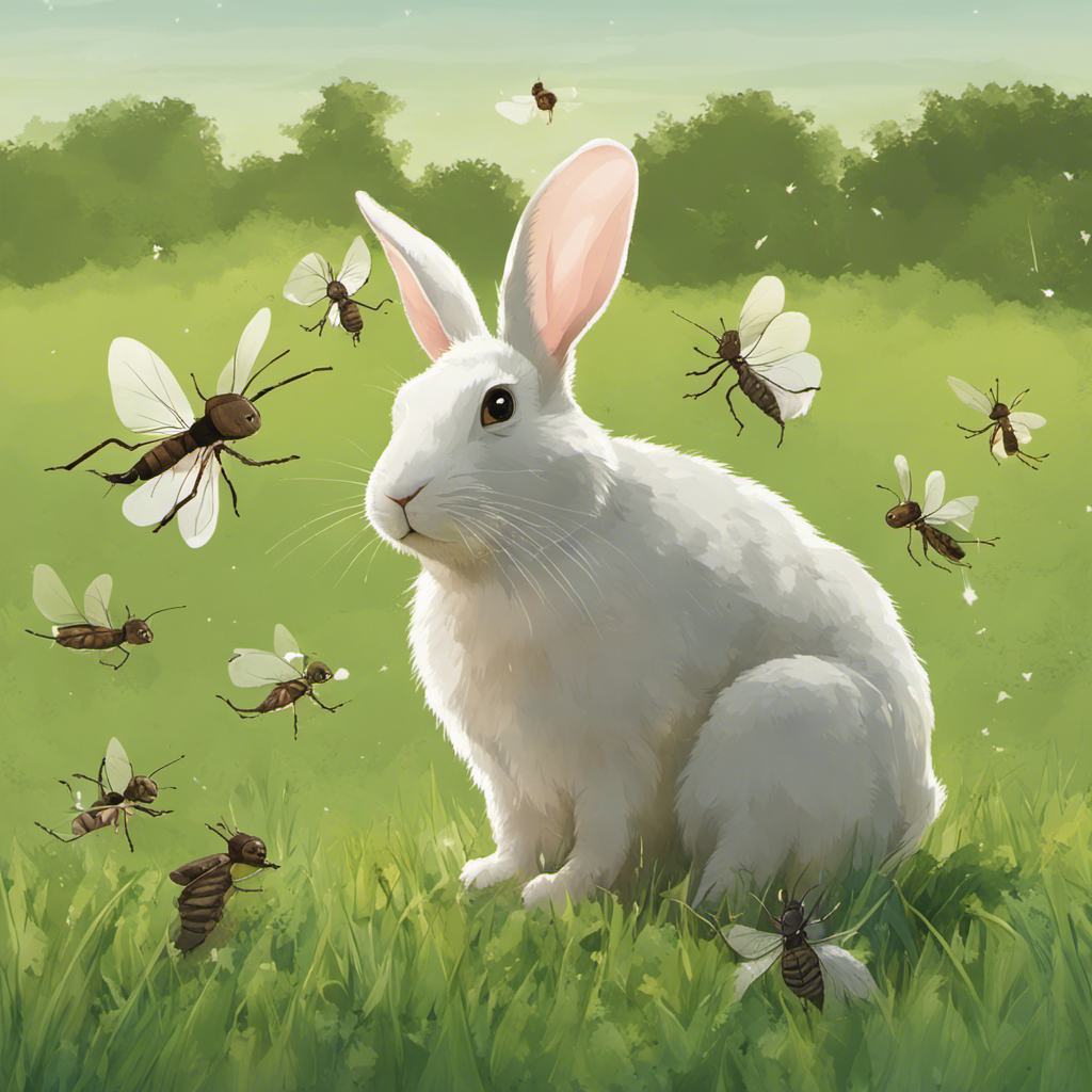 A rabbit with mosquitos and fleas surrounding it. Bunny mosquitos and fleas