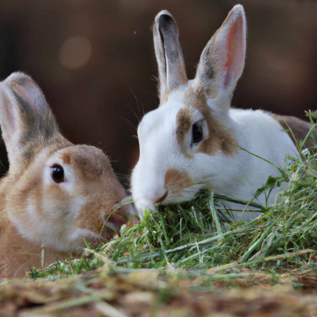 Two pet rabbits eating rabbit hay , hay for rabbits, alfafa hay