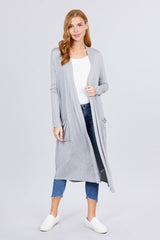 Women Heather Grey Open Front Long with Pocket Cardigan