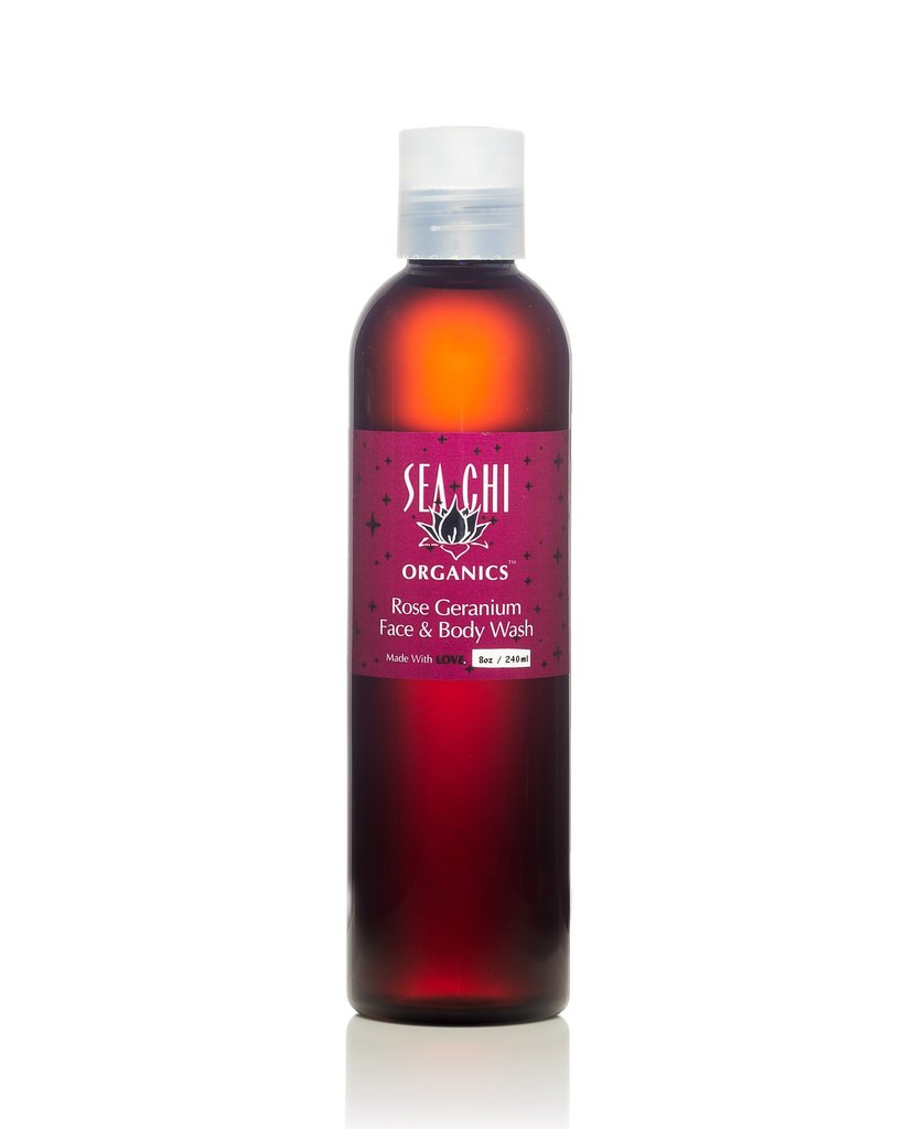 Sea Chi Organics - Rose Geranium Face &amp; Body Wash 240ml / 8oz Amber plastic bottle w/ white flip cap