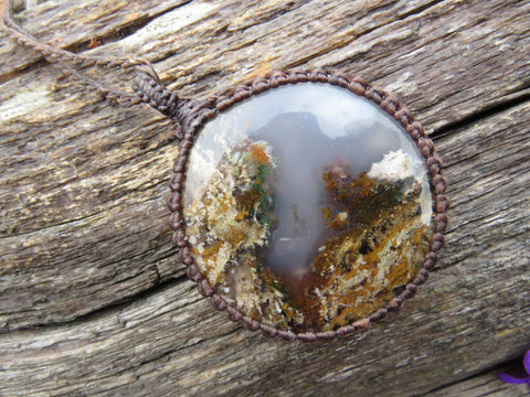 brown moss agate gemstone necklace, macrame necklace