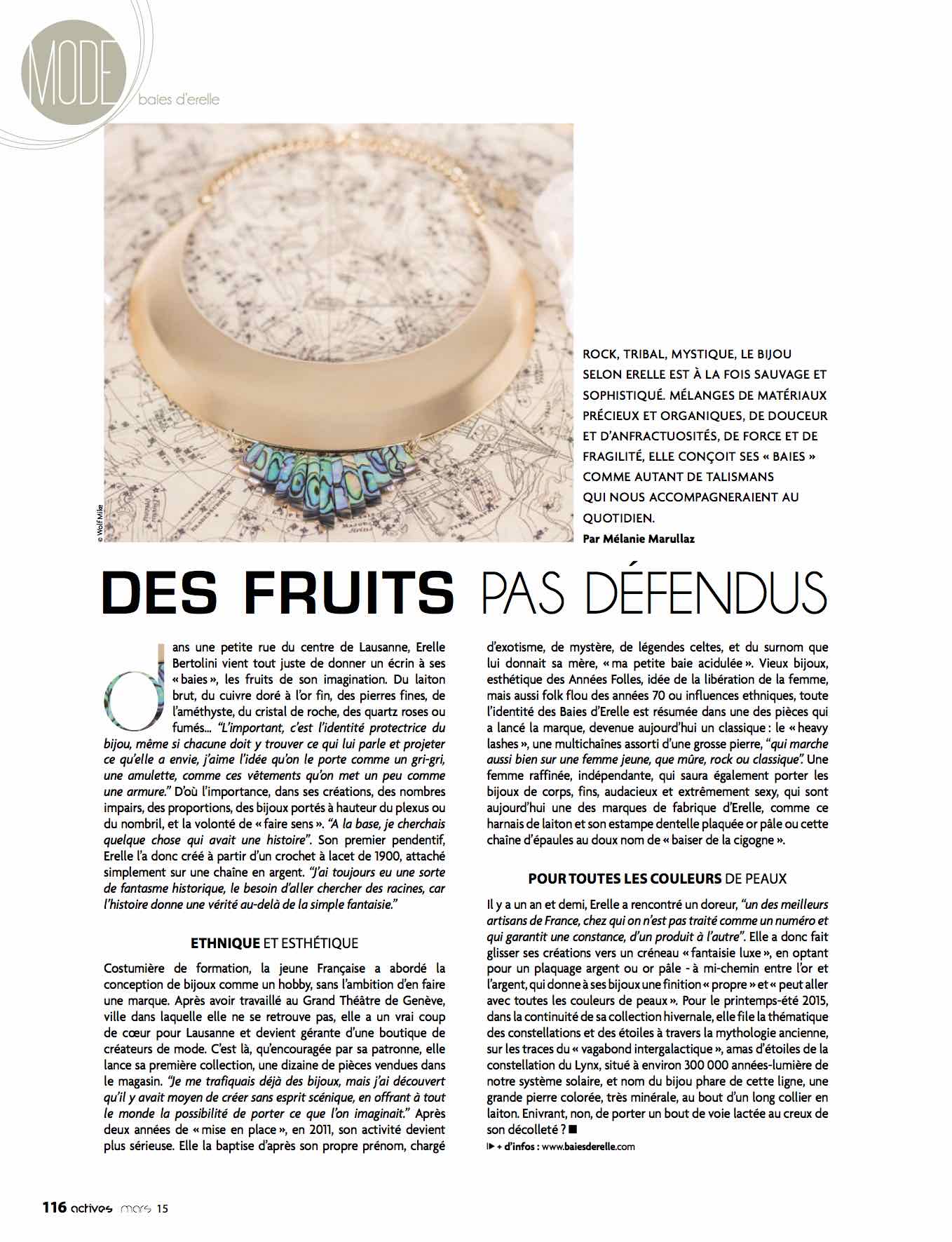 ACTIVES genève  parution presse Boutique Baies d'Erelle mode bijoux créateur éthique écoresponsable Lausanne