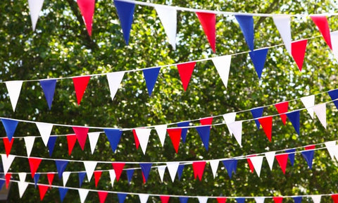 Happier Beauty red white blue jubilee bunting hung across green trees