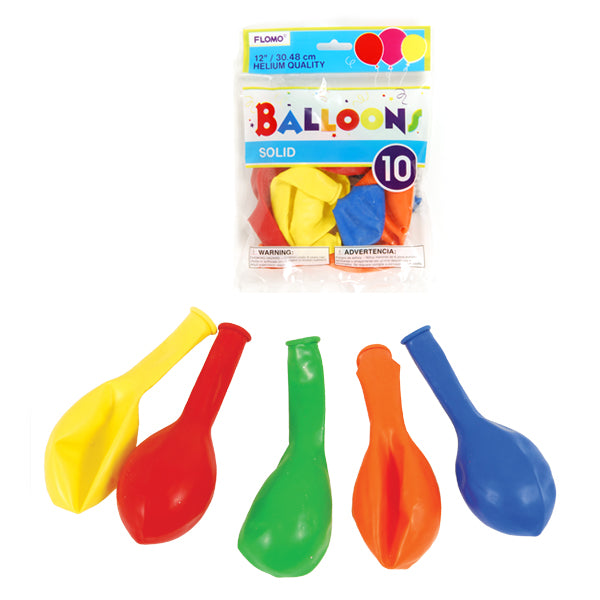 ''10Pack, 12'''' Primary Color Assorted BALLOONs, 5 Colors''