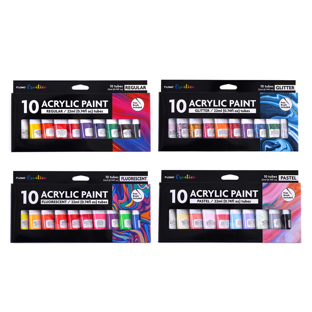 ''10pc Acrylic PAINT Set W/brush, 22ml Tubes, 10 Colors Per Box, 4 Assortments (4/24)''