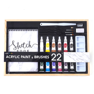Acrylic paint and brushes on wooden palette - Stock Image - Everypixel