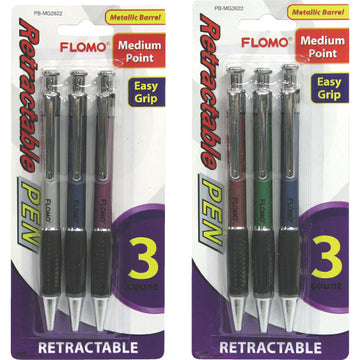 3 Metallic Barrel Retractable Pens, 2 Assortments