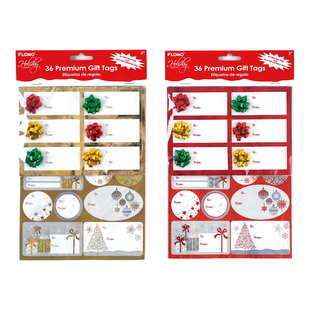 ''36Ct Christmas Mini Bow With Hot Stamping And Self Adhesive Gift Tags, 2 Assortments''