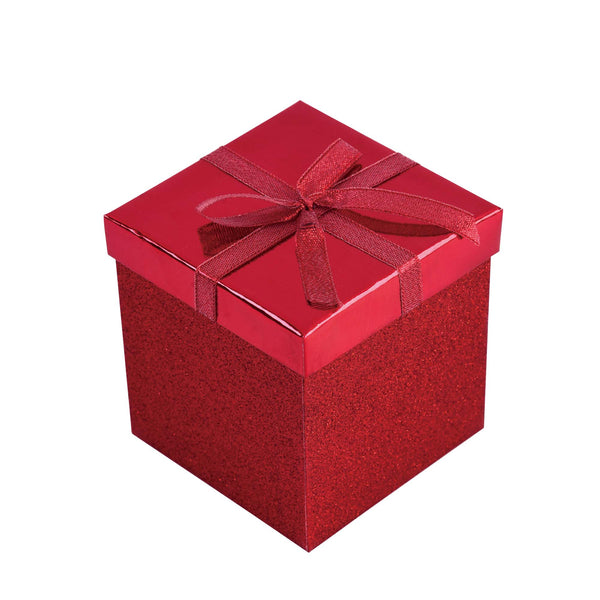 Christmas-Glitter Box With Metallic Top & Bow, 4.125" X 4.125" X 4.25", 3 Colors