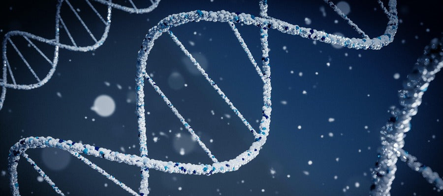 Cadena de ADN contra el fondo azul oscuro