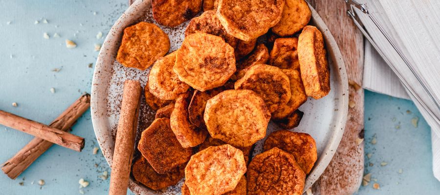 sweet potato round slices in a dish seen from above