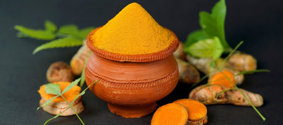 bowl brimming with turmeric with sliced turmeric rhizomes around it against gray blue background 