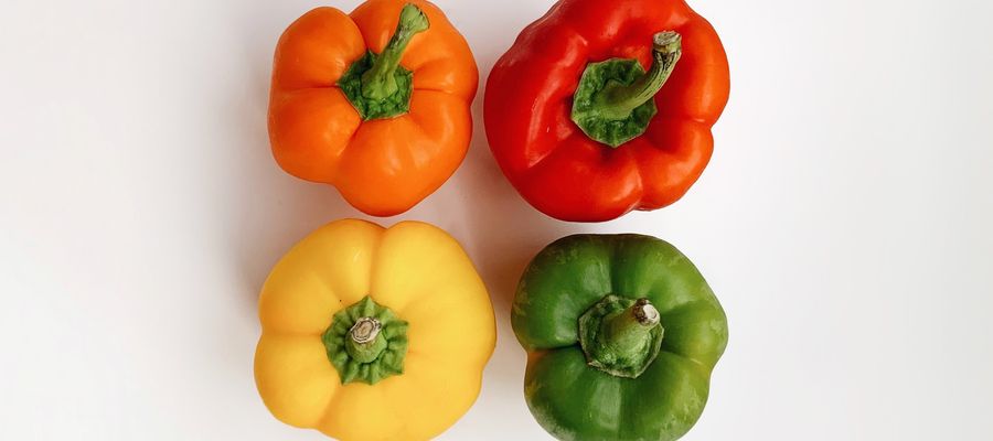 bell peppers seen from above orange, red, yellow and green, on white background