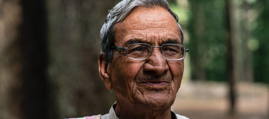 portrait of senior wearing reading glasses against blurry forest background