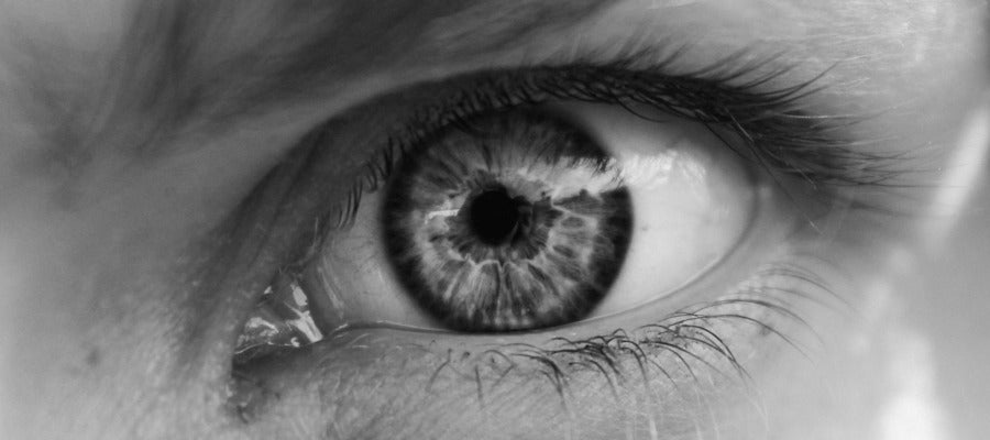 Primer plano del ojo humano en blanco y negro.