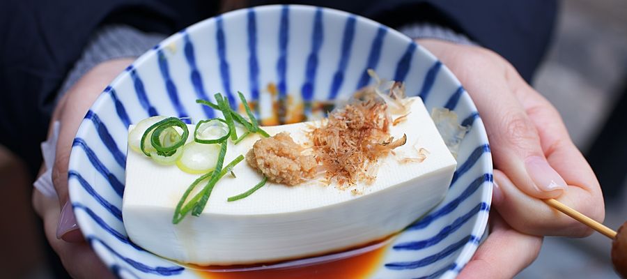 tofu in a blue and white bowl held in white hands