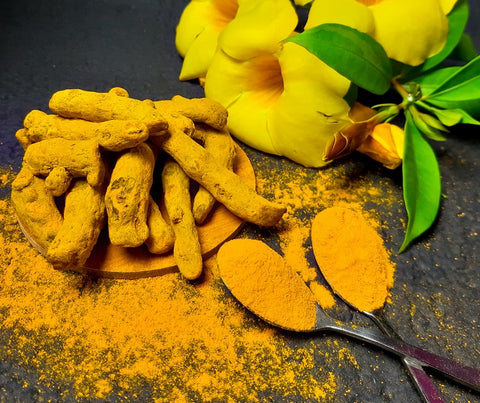 turmeric powder in spoons with roots and flowers closeup