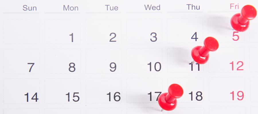 white calendar with red pins on it