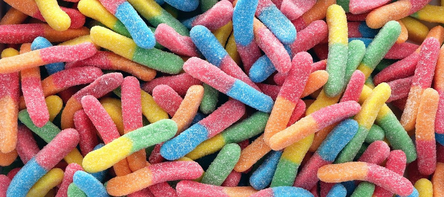 closeup of colourful candy loaded with sugar