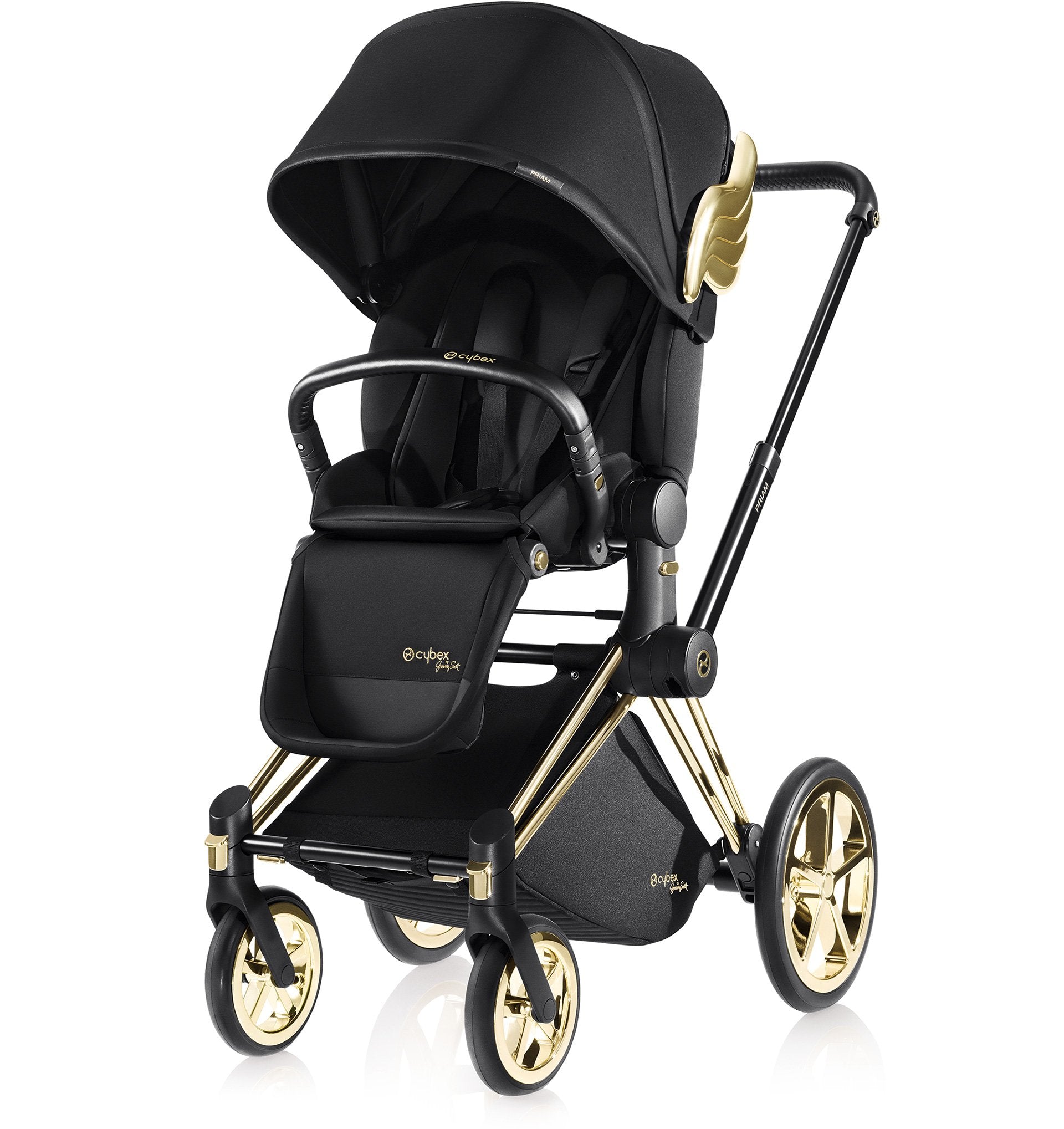 black stroller with gold wings