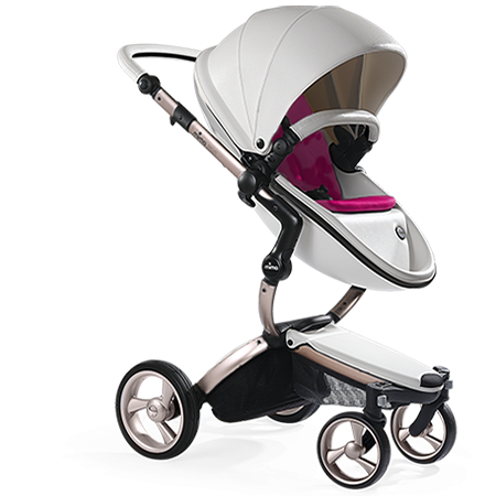 white and rose gold pram