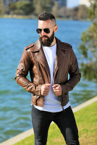 man wearing a biker leather jacket 