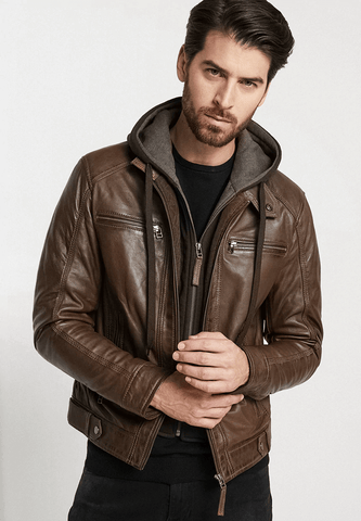 man wearing a hooded leather jacket